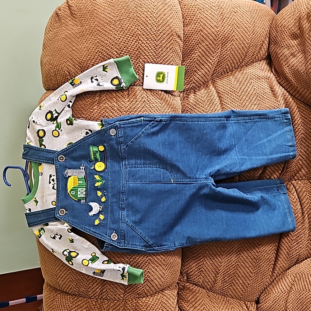 John Deere soft denim overall and long sleeve shirt set, size 9/12 months "farm"